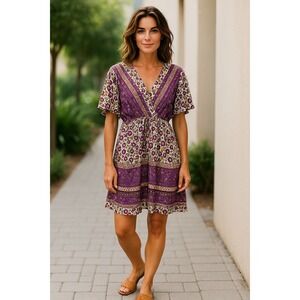 Floral Print Mini Dress Purple White Bohemian Festival Short Sleeve